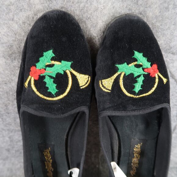 New York Lites Shoes Womens 8 Slippers Velvet Embroidered Horn Holly Black Flats - Picture 9 of 16